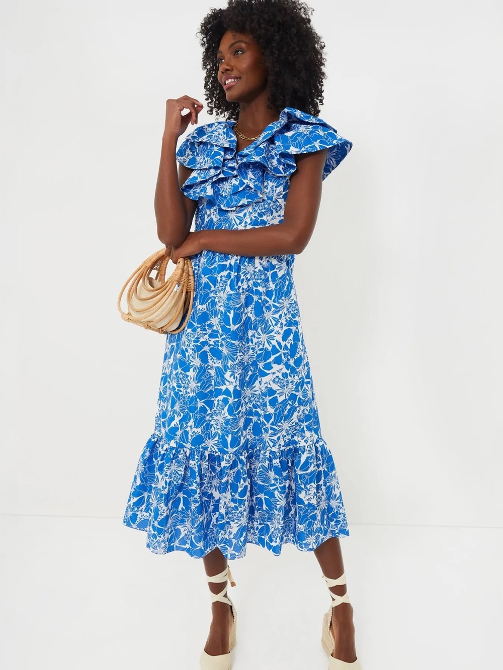 Tuckernuck Hyacinth House Blue Floral Ruffle Midi Dress - Women Size M
